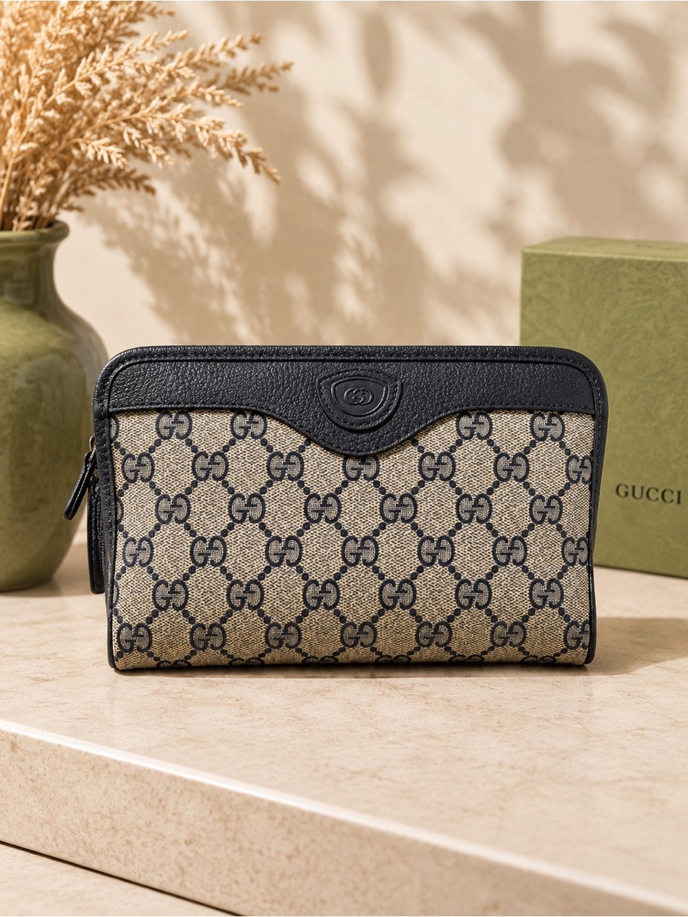 Vintage Gucci GG Supreme Monogram Cosmetic Pouch Navy Blue Clutch Case Italy